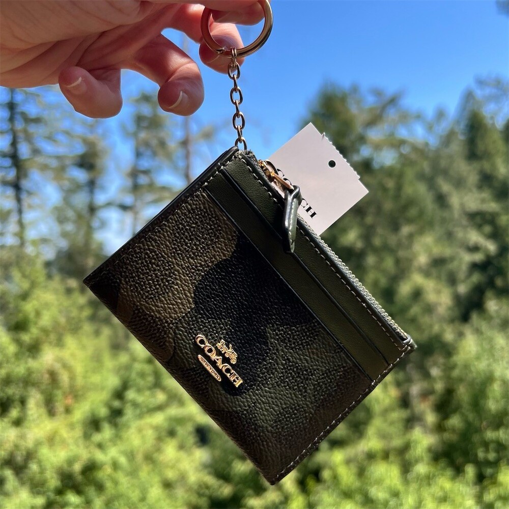 COACH Mini Skinny ID Case Cardholder Keychain Wallet Camo Print Gold Hardware